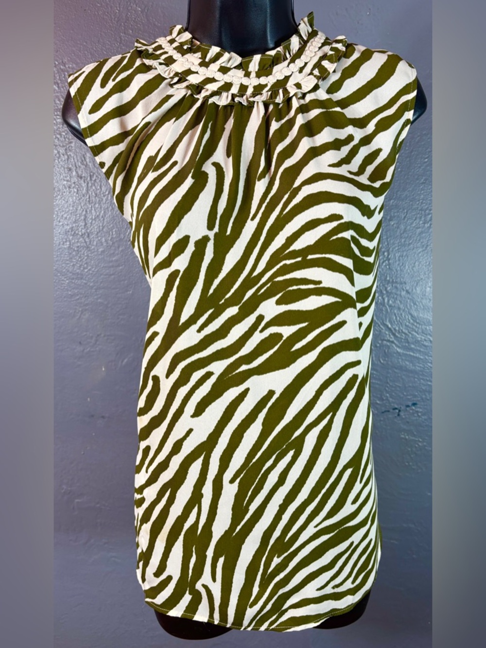 BLACK RAINN Olive Green & Cream Zebra Print Sleeveless Blouse Size XL